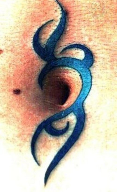 Blue Ink Tribal Belly Button Tattoo